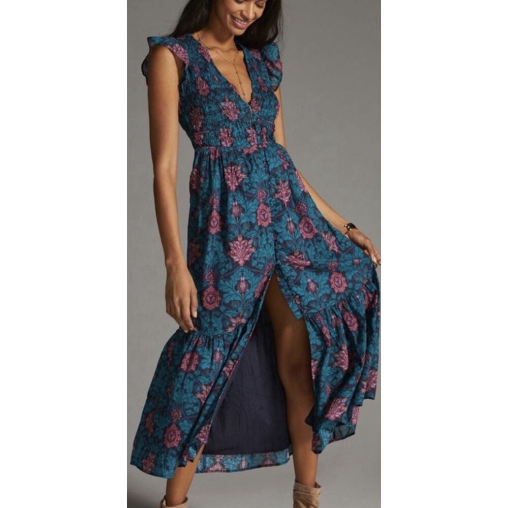 Anthropologie The Peregrine Midi Dress flutter sleeve teal green Motif Large NWT - Picture 2 of 13